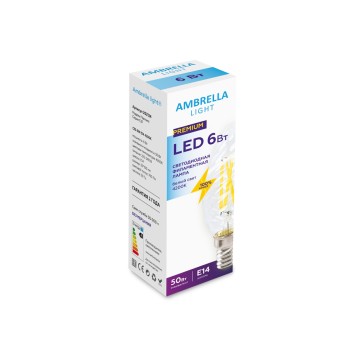Светодиодная филаментная лампа свеча Ambrella 220V E14 6W (соответствует 50 Вт) 760Lm 4200K (нейтральный белый) 202124-1