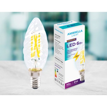 Светодиодная филаментная лампа свеча Ambrella 220V E14 6W (соответствует 50 Вт) 760Lm 6400K (холодный белый) 202126-2
