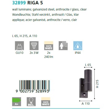 Уличный настенный светильник Eglo Riga 5 32899-2