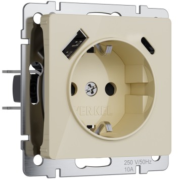 Розетка с заземлением, шторками и USB тип A+C Werkel айвори акрил W1171743